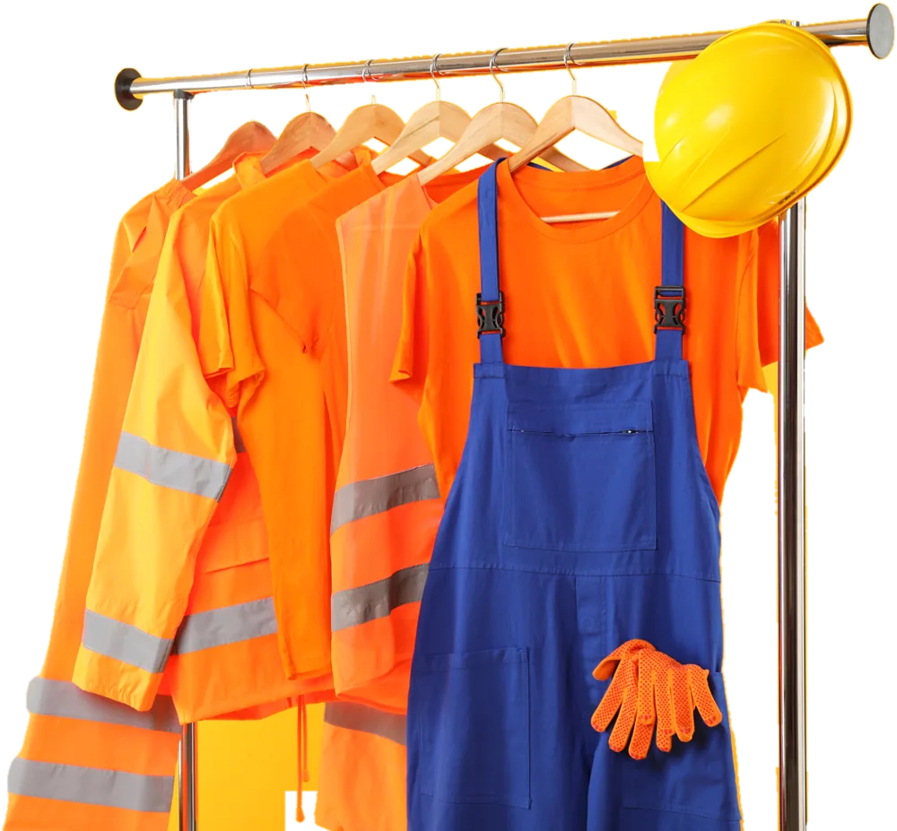 Kleiderständer mit Warnschutzkleidung, Latzhose und Schutzhelm